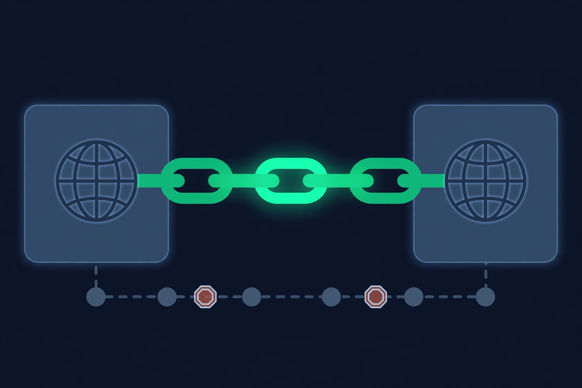 Dofollow links as solid glowing chains passing authority versus nofollow links as dashed outlines with stop badges