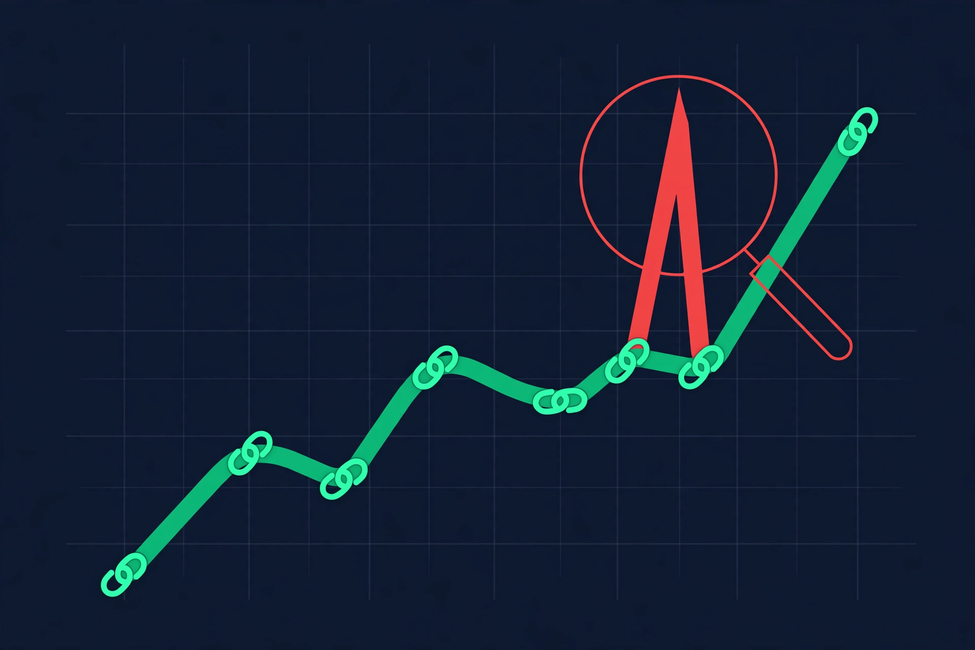 Link velocity line chart rising steadily with one sharp unnatural spike highlighted as a warning