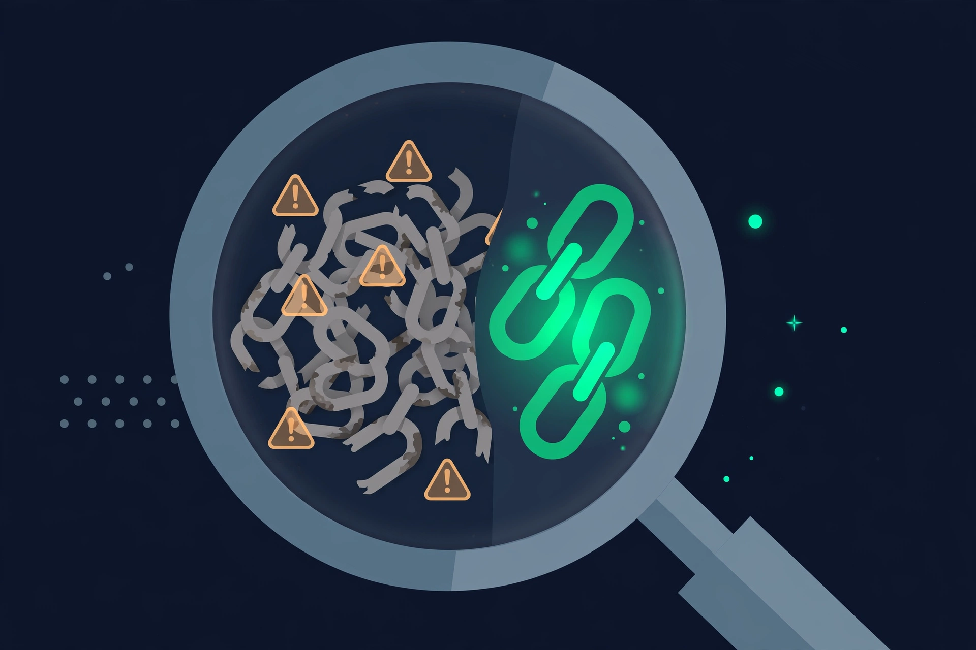 Magnifying glass revealing corroded broken spam links separated from healthy glowing links