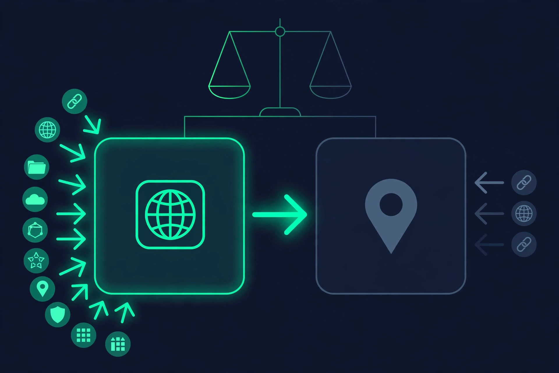 Two website cards compared with a balance scale: one with many diverse incoming links, one with few