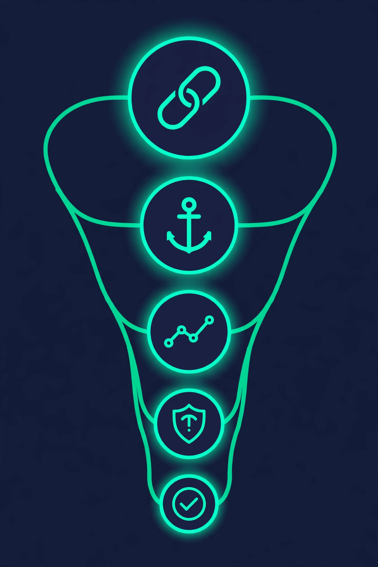 Five-step workflow funnel: collect links, analyze anchors, check velocity, audit risks, take action