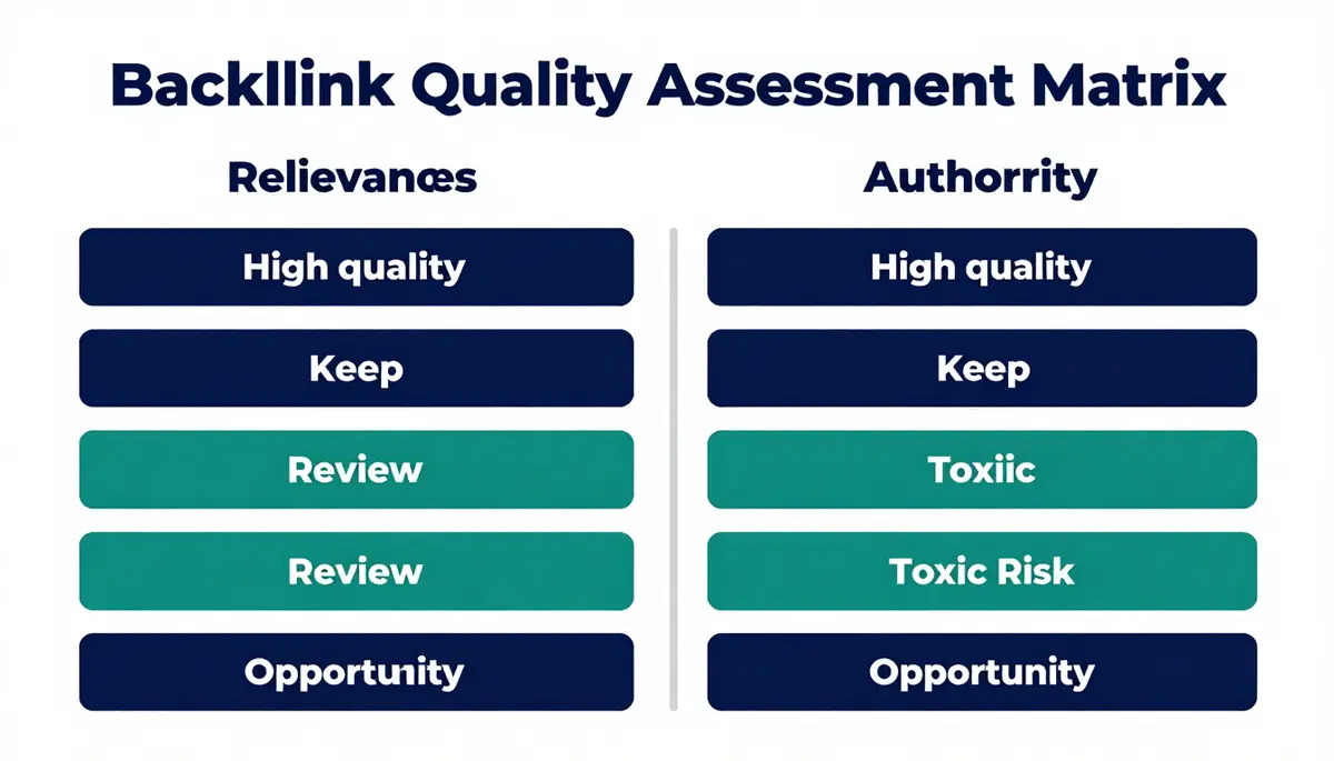 Backlink quality assessment matrix with relevance and authority axes