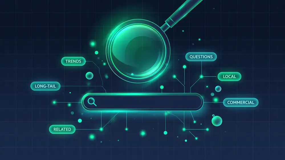Editorial illustration of keyword research: magnifying glass over a search bar with branching keyword ideas