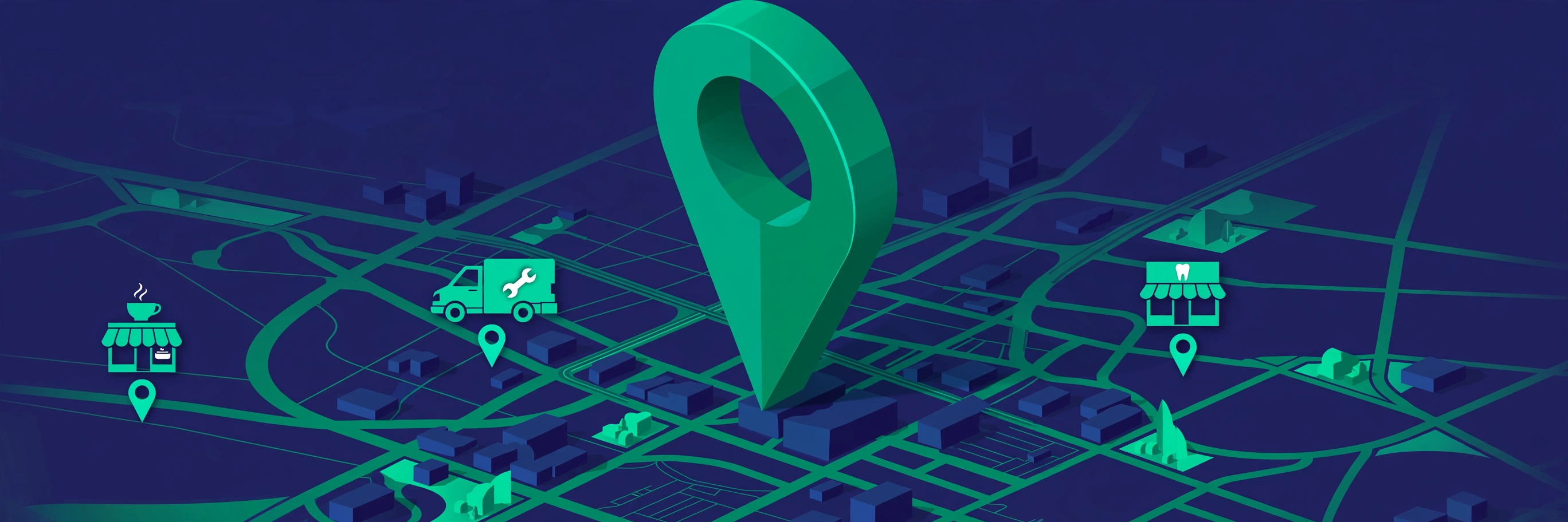 Editorial illustration of a Google Maps pin rising from a city map with local business icons