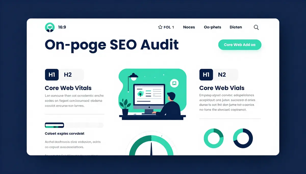 Illustration of an on-page SEO audit wireframe with headings and performance gauges