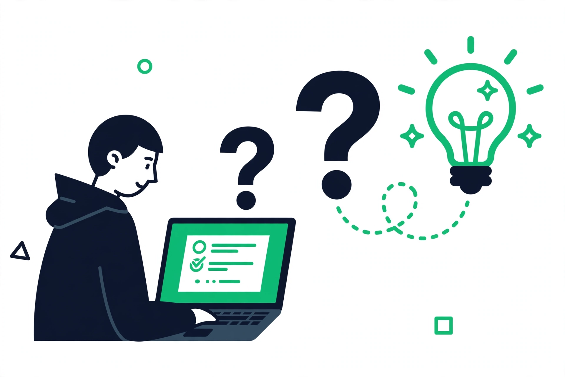 Person reading a how-to article with question marks turning into a lightbulb