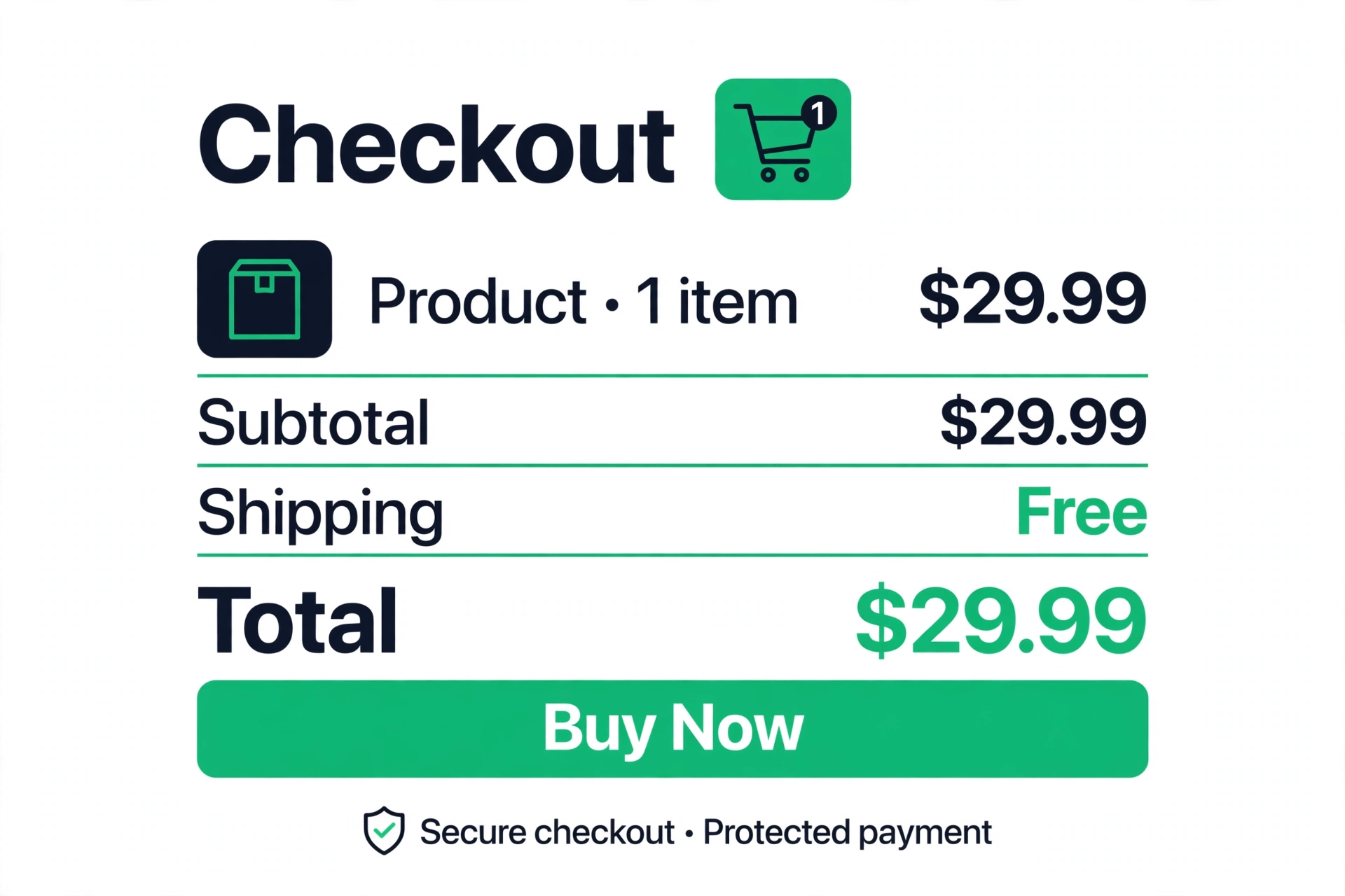 Checkout page with a cart, price, buy button, and trust shield