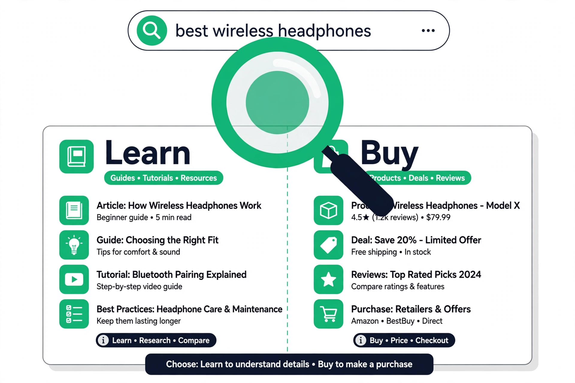 Magnifying glass over a results page with Learn vs Buy icons