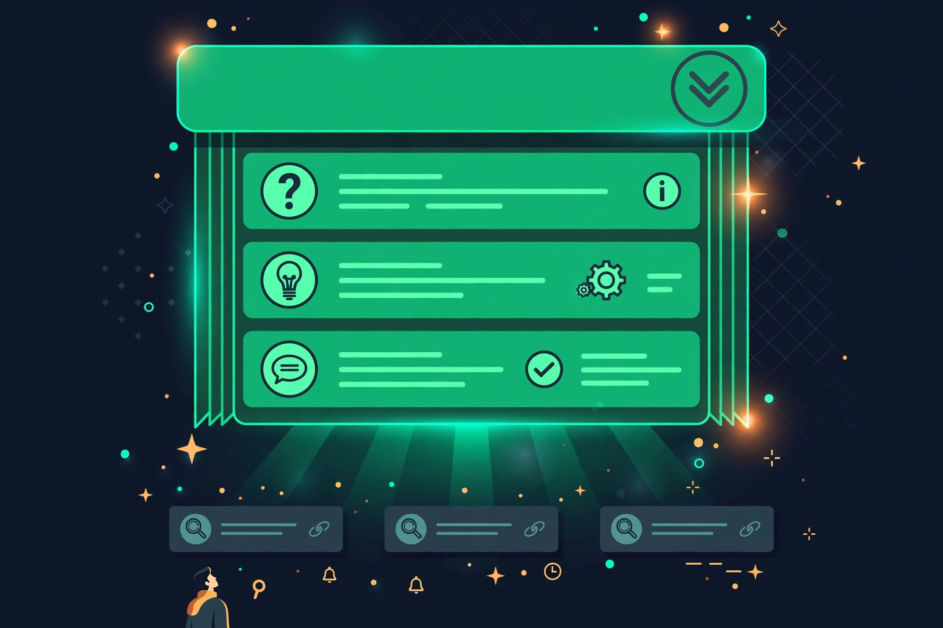 Editorial illustration of a Google search result expanding into FAQ dropdown questions with structured data code in the background