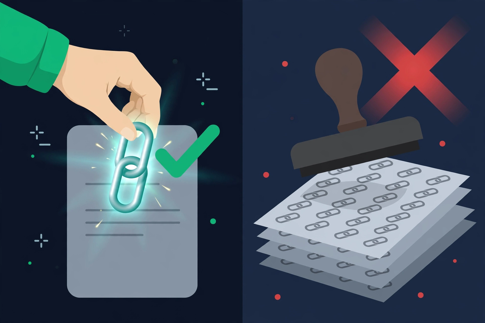 Vector illustration contrasting an editor placing a link by hand with a rubber stamp pressing duplicate links
