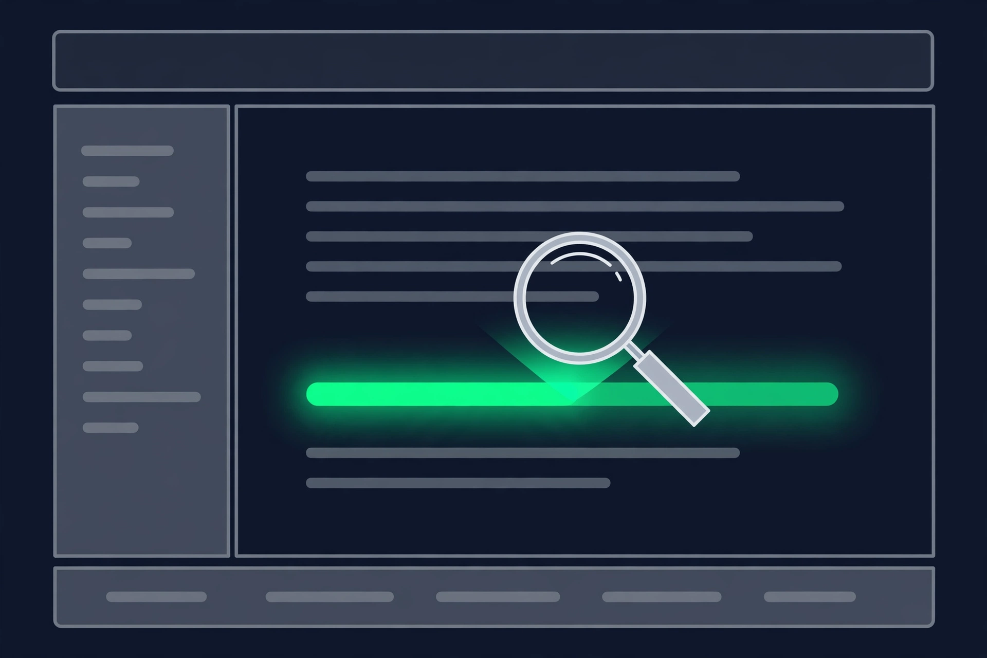 Vector illustration of a webpage layout with a highlighted link in the main content versus faded links in the footer