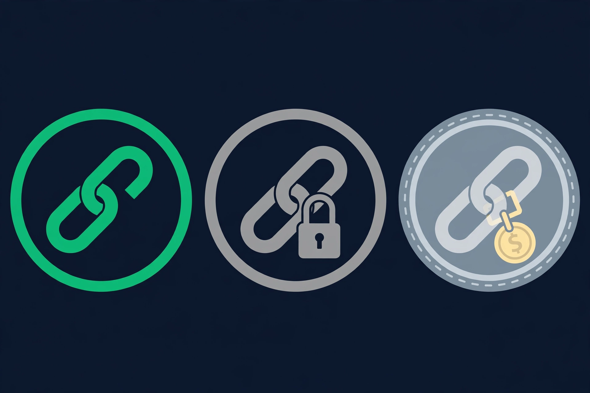 Vector illustration of three chain links representing dofollow, nofollow, and sponsored link attributes
