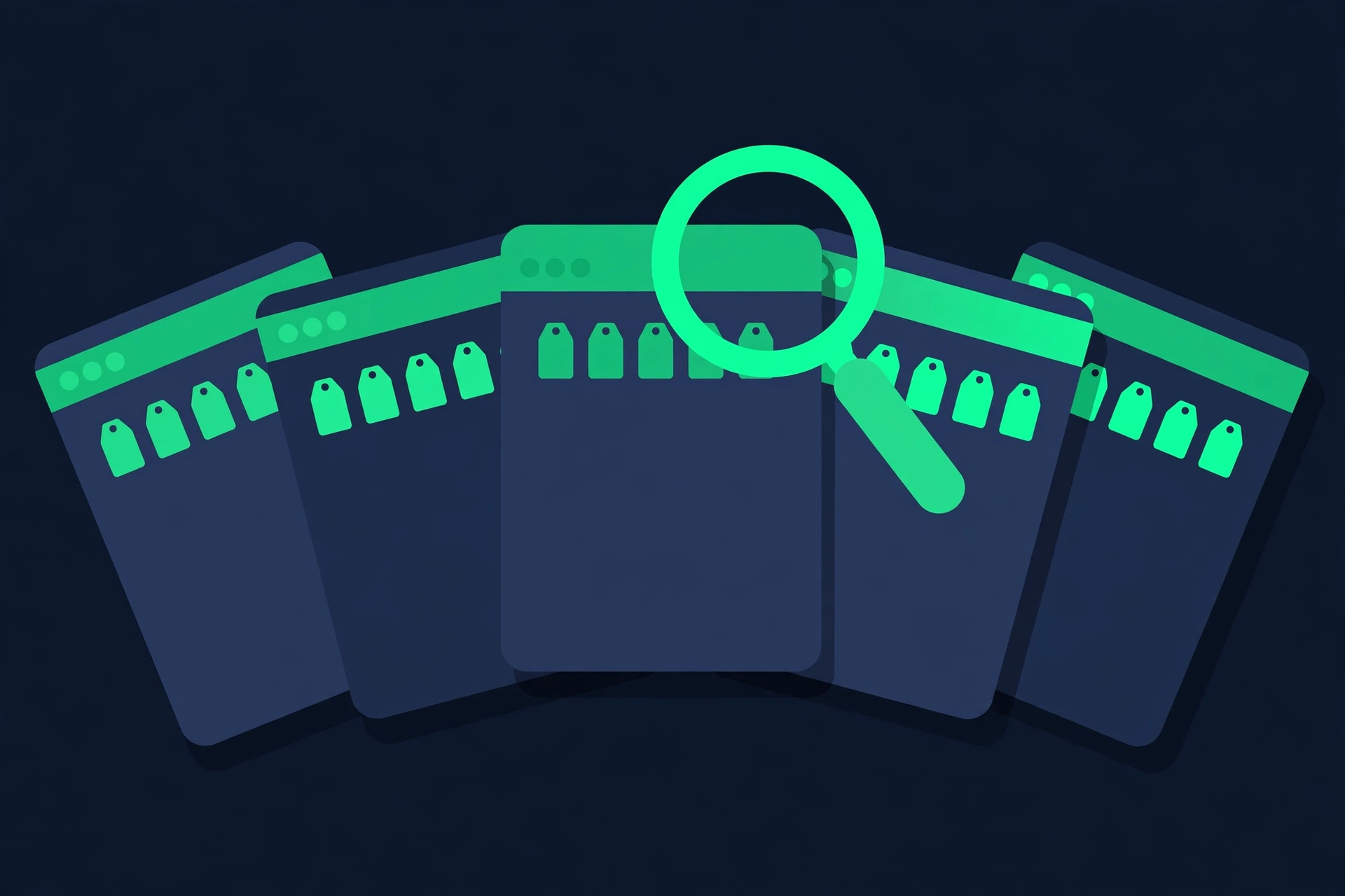 Multiple browser cards illustration for checking meta tags across many pages