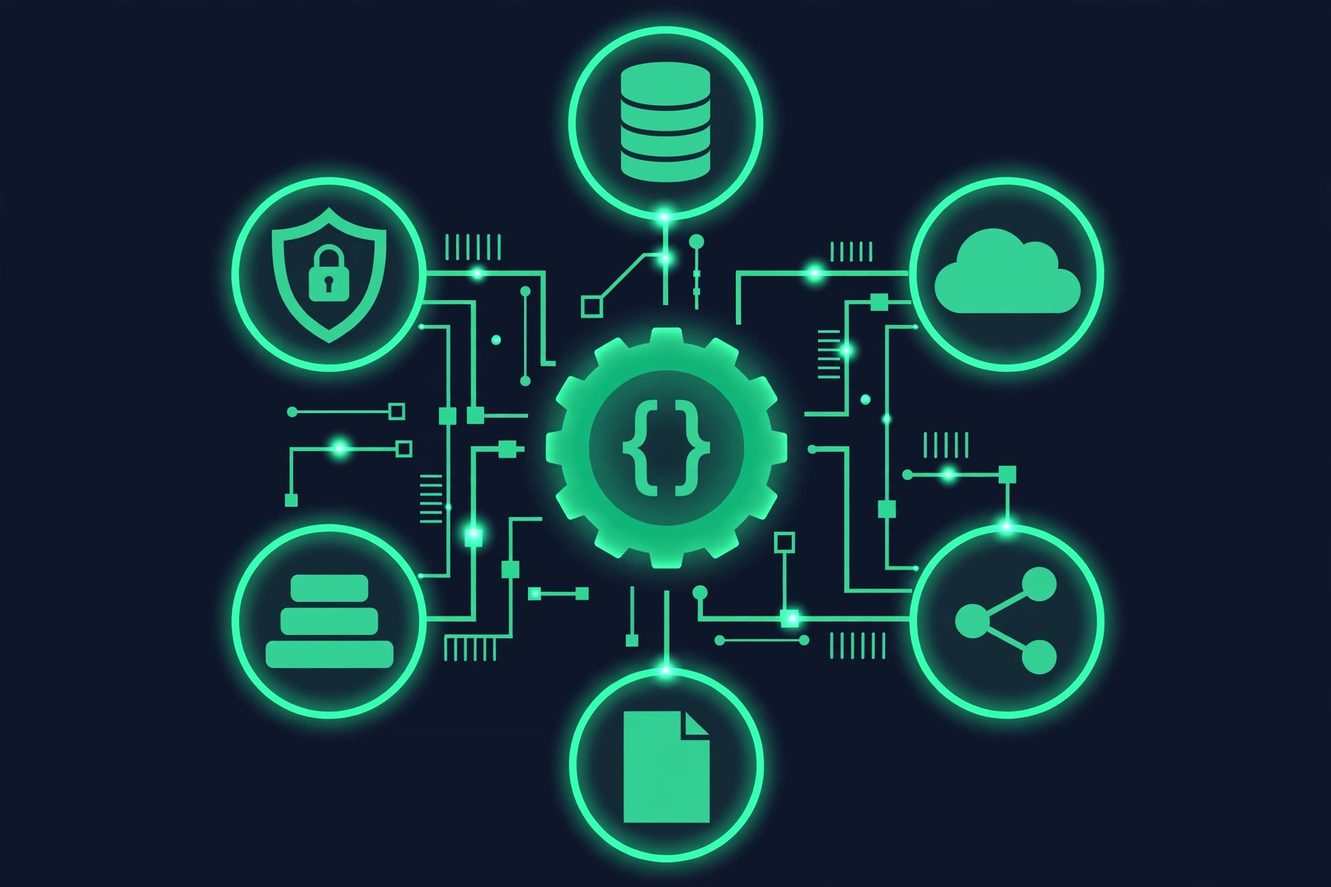 Connected nodes and code brackets illustration for structured data validation