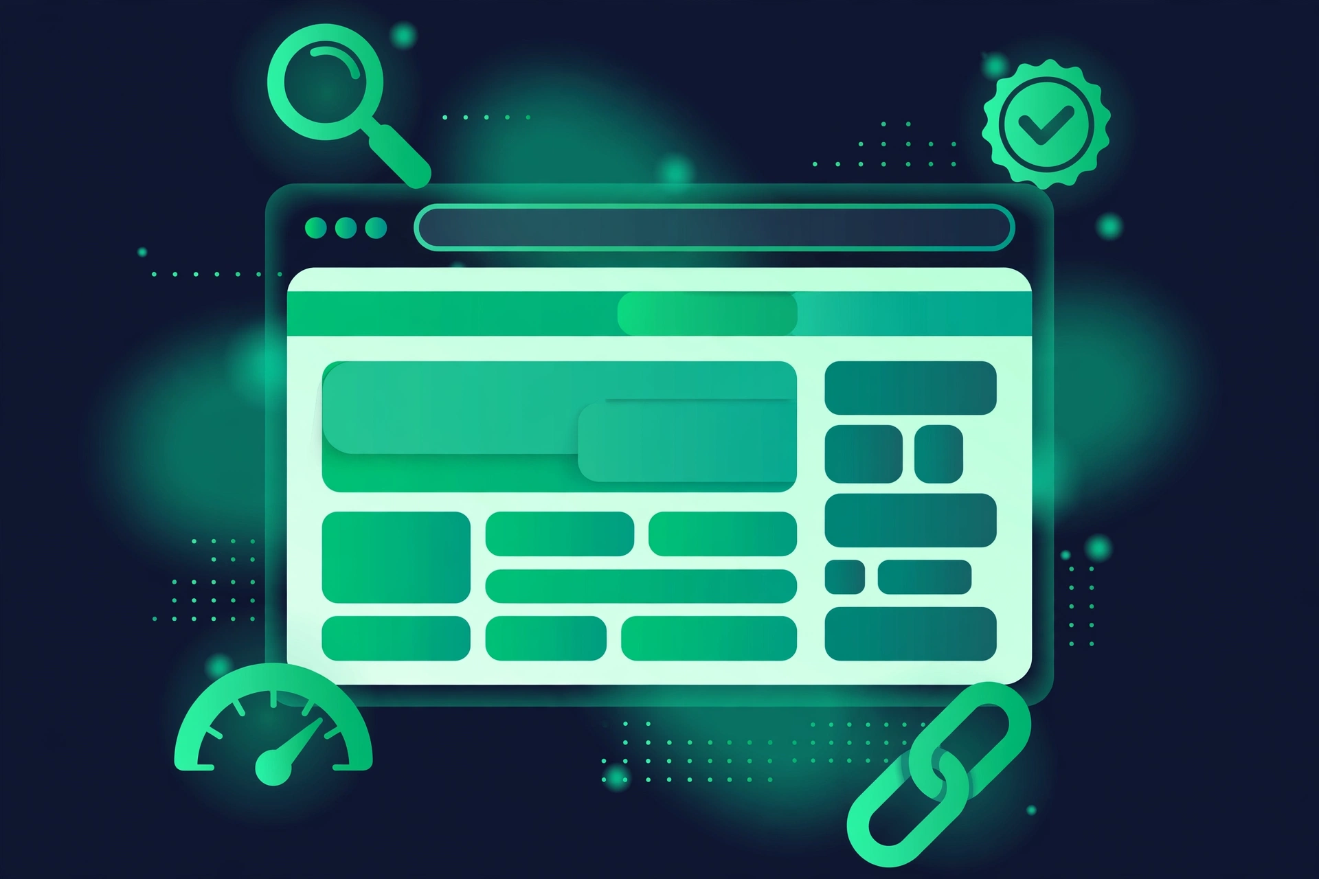 Flat vector illustration of a website SEO audit with a browser window, magnifying glass, checkmark badge, speed gauge and link icons in emerald on dark slate