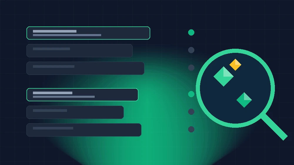 Flat vector illustration of a magnifier discovering keyword ranking opportunities on a dark dashboard