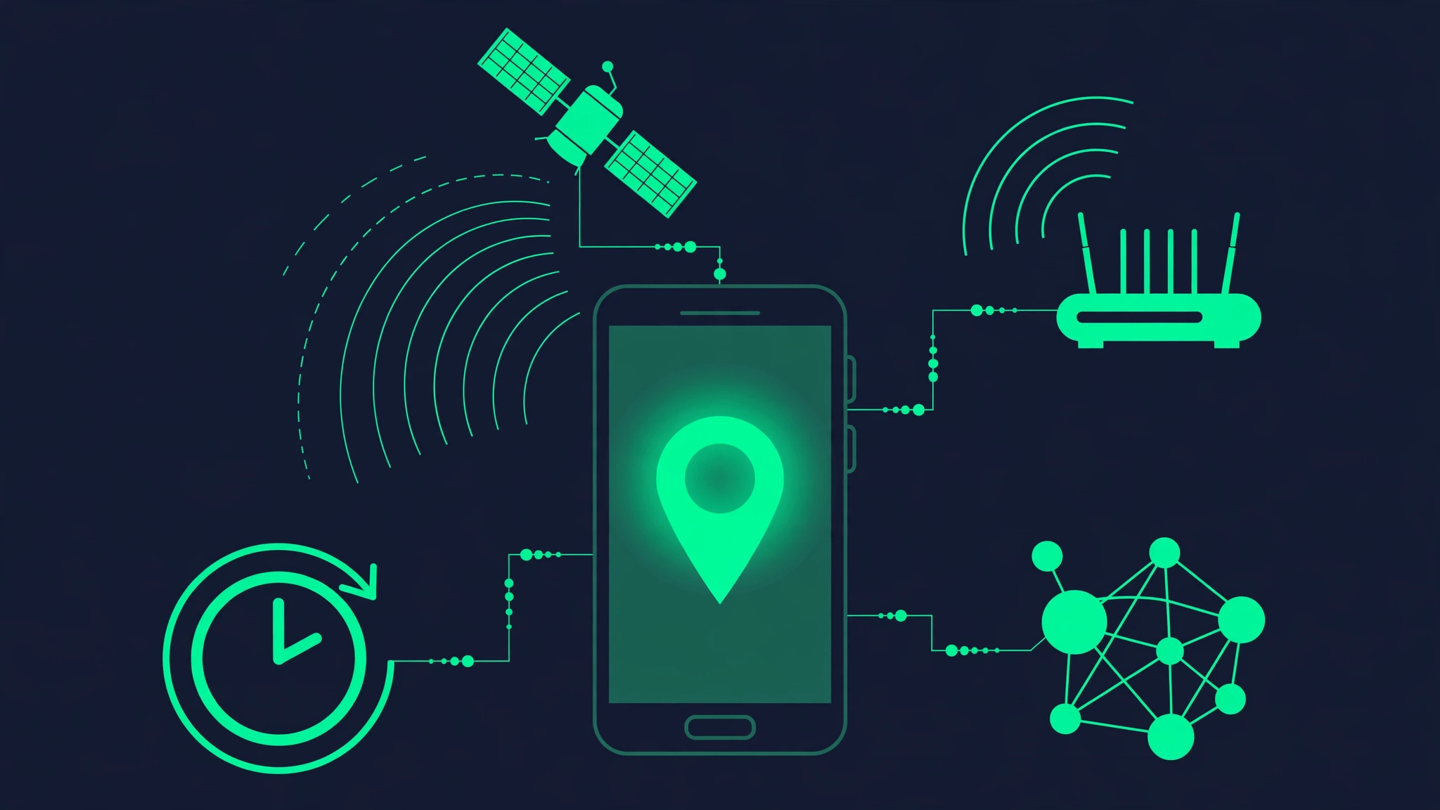 Flat vector illustration showing the location signals Google uses: GPS satellite, Wi-Fi, IP network nodes, and search history converging on a smartphone