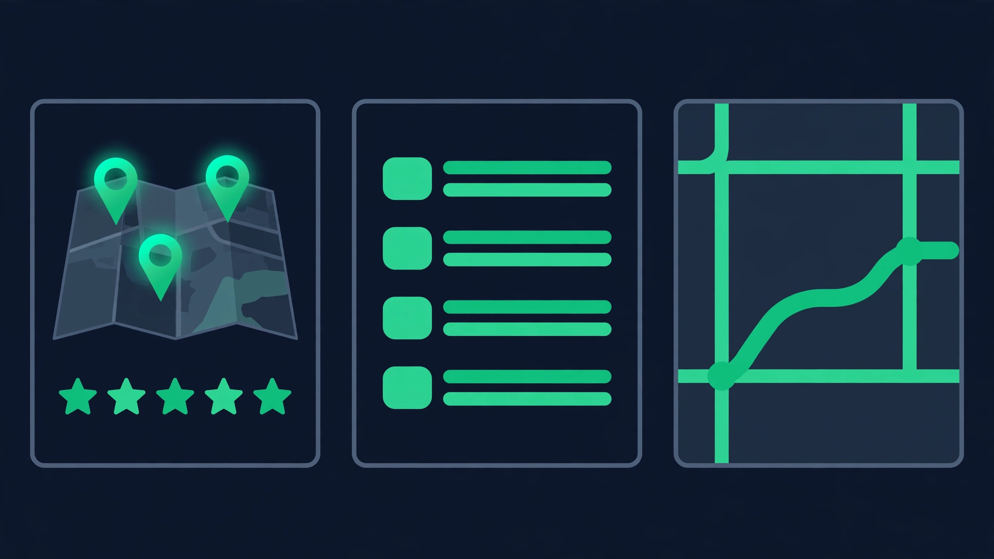 Flat vector illustration comparing the three local ranking surfaces: the map-based local pack, organic search results, and Google Maps listings