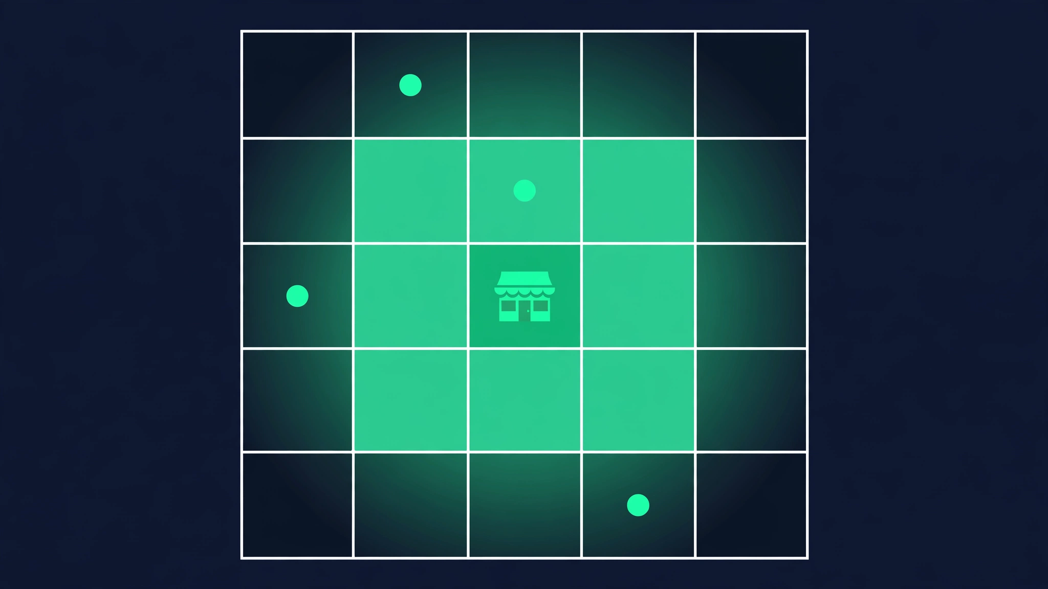 Flat vector illustration of a 5x5 geo-grid heat map with a central storefront and color-coded ranking strength radiating outward