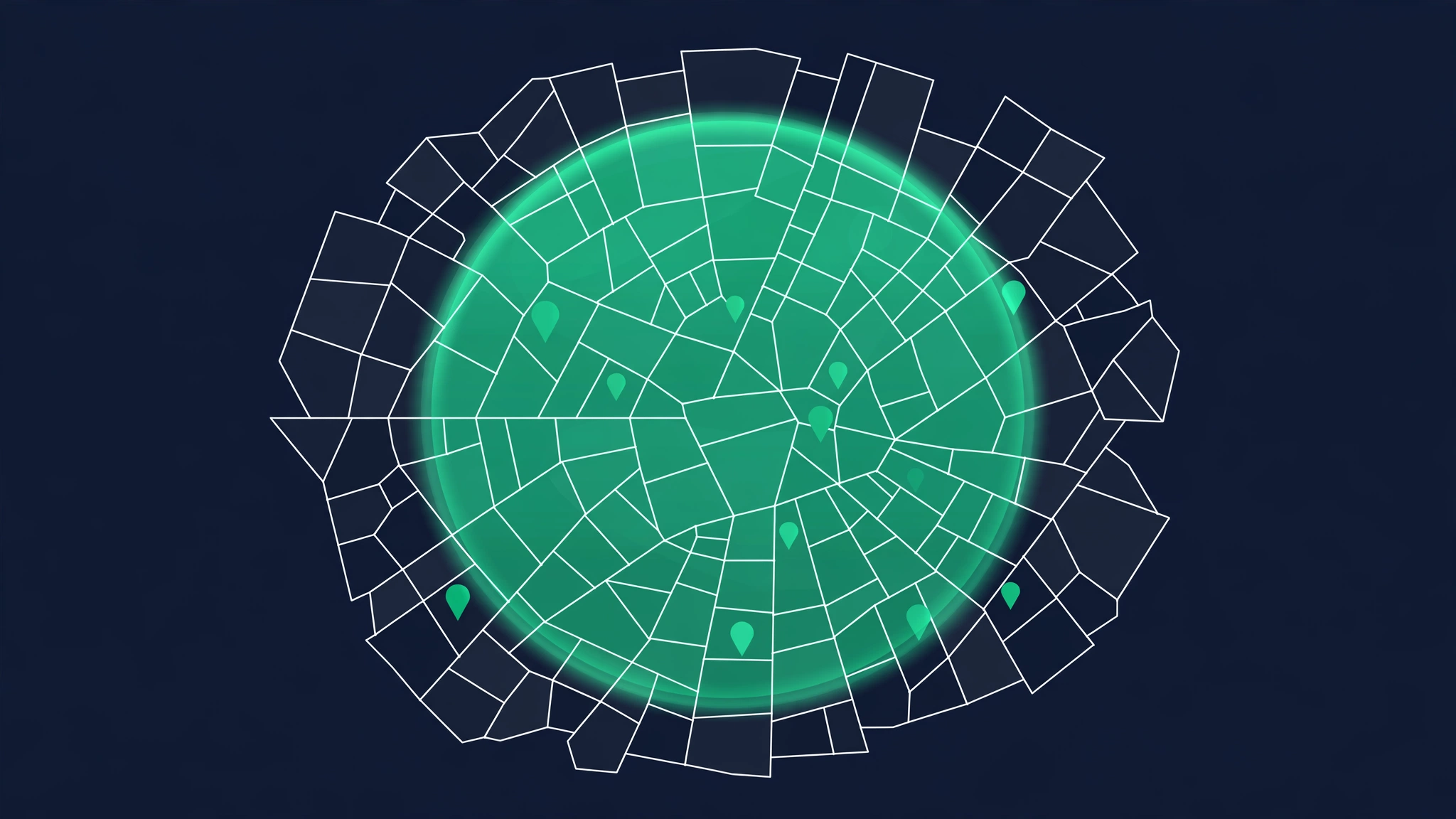 Flat vector illustration of a city map divided into ZIP code zones under one large city circle with location pins