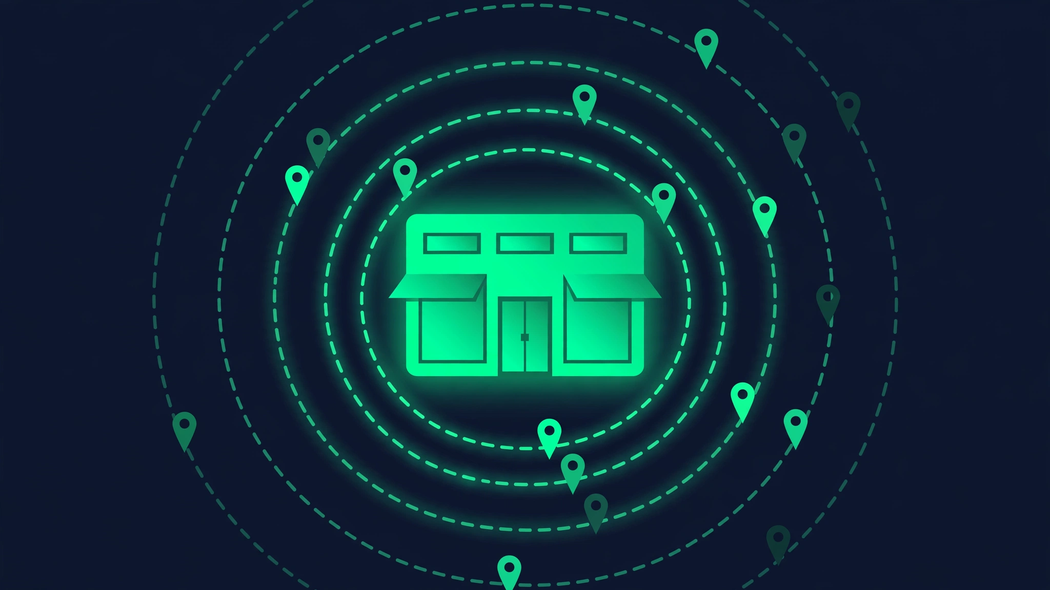 Flat vector illustration of concentric distance rings around a storefront showing how local ranking strength decays with distance