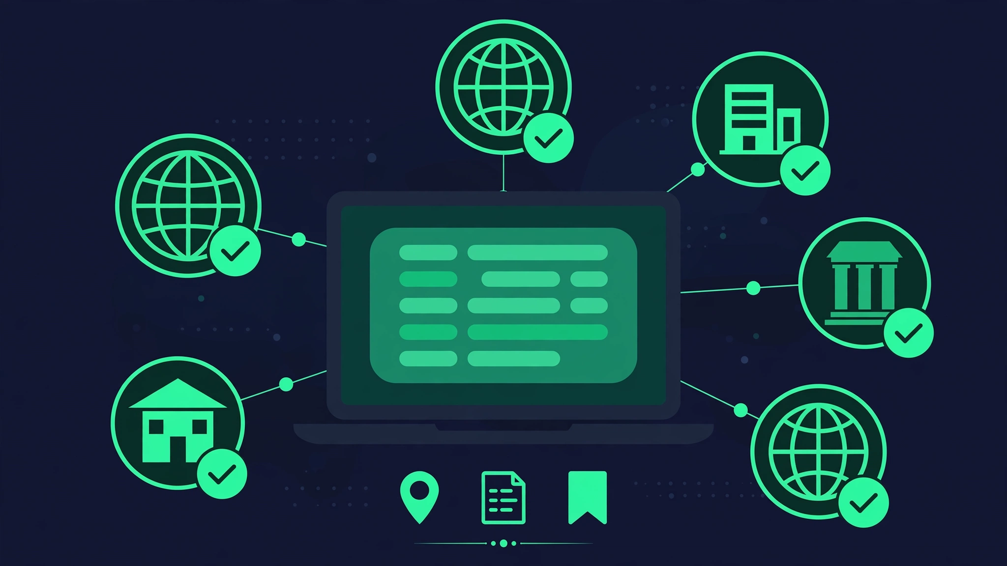 Flat vector illustration of a business listing card connected to multiple directory icons, each with an emerald checkmark for consistent citations