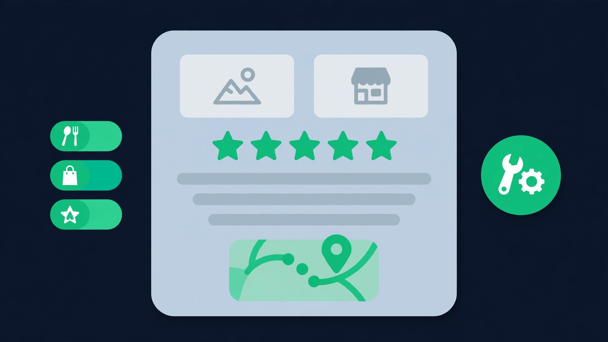 Flat vector illustration of an optimized Google Business Profile card with photos, star ratings, business details, and category settings