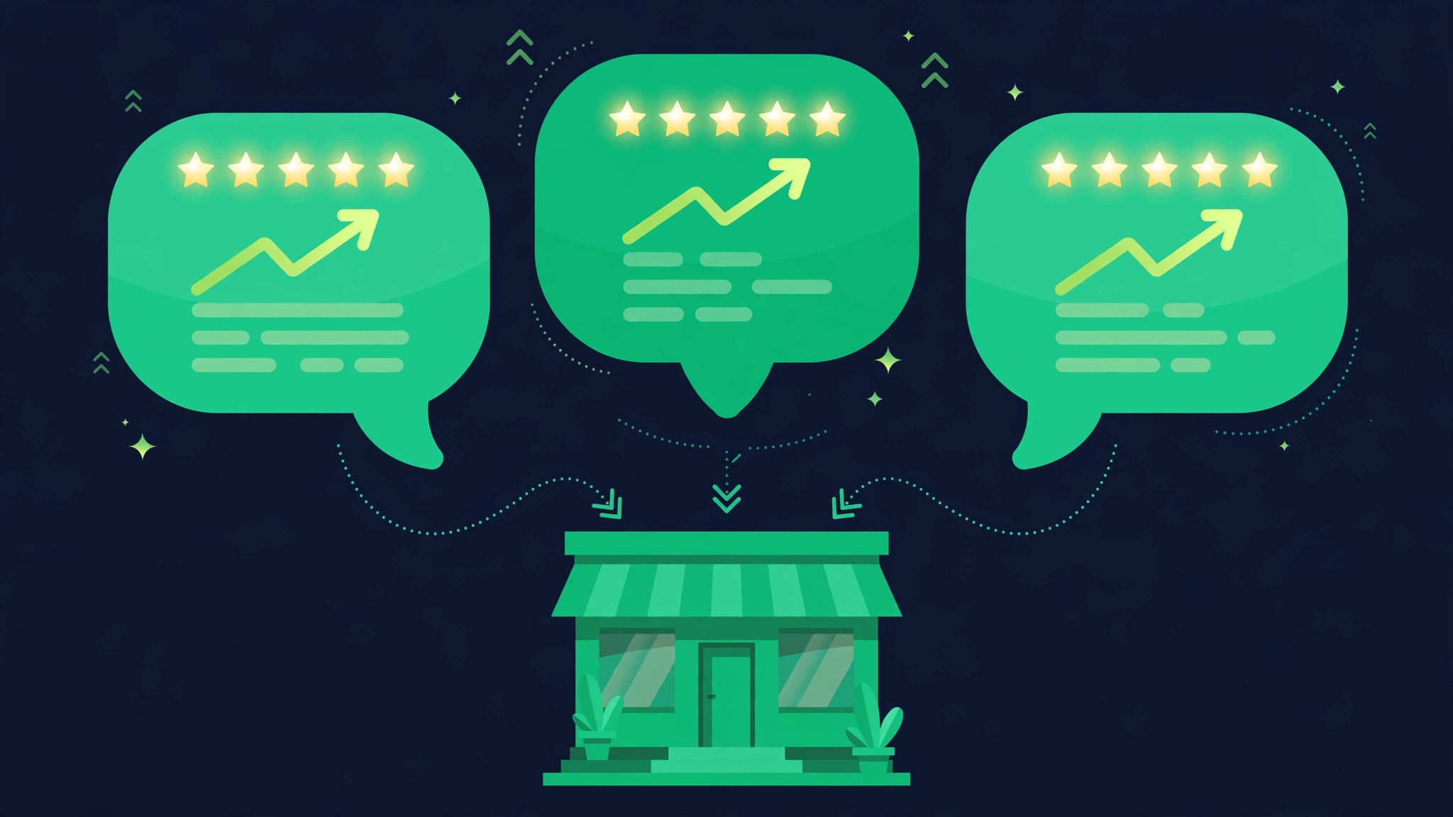 Flat vector illustration of speech bubbles with star ratings floating above a storefront, showing review signals lifting local visibility