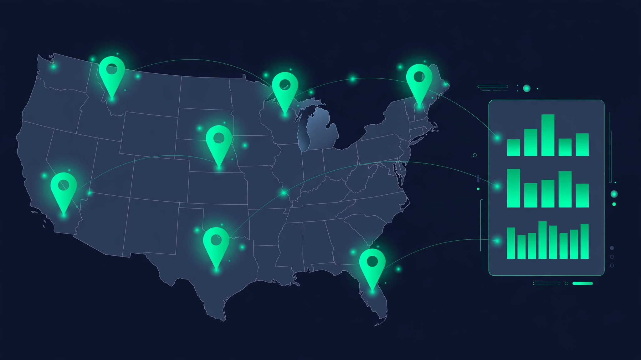 Flat vector illustration of a US map with glowing location pins in multiple cities connected to a tracking dashboard