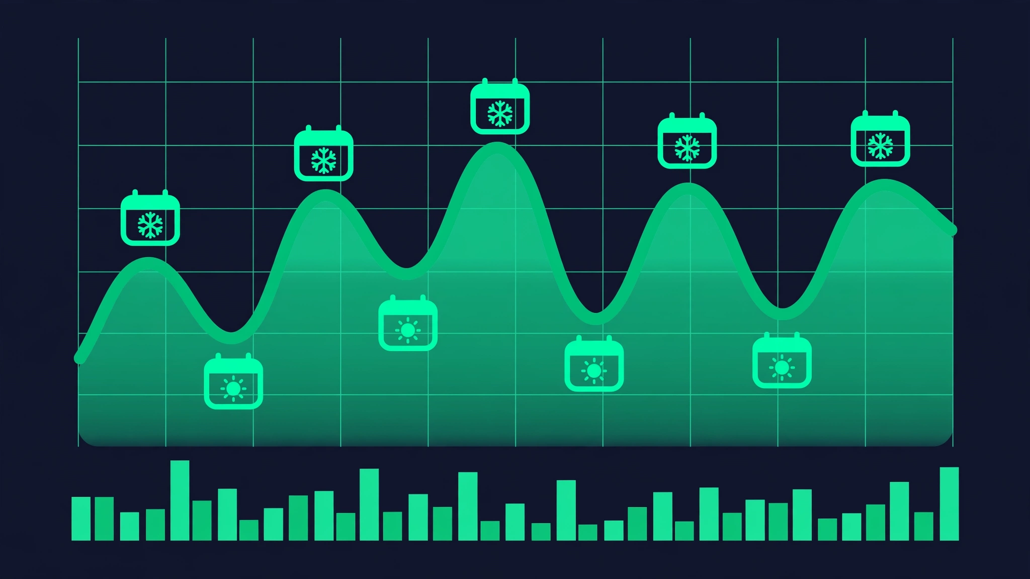 Flat vector illustration of an analytics chart showing seasonal waves in local rankings across the calendar year