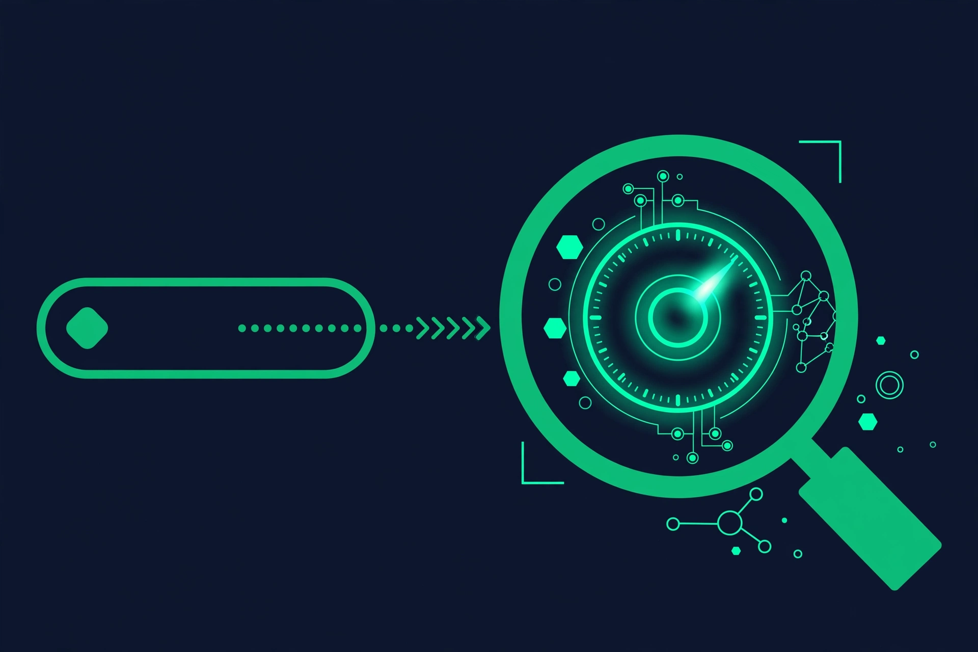 A keyword entering a magnifier that reveals a glowing difficulty score dial