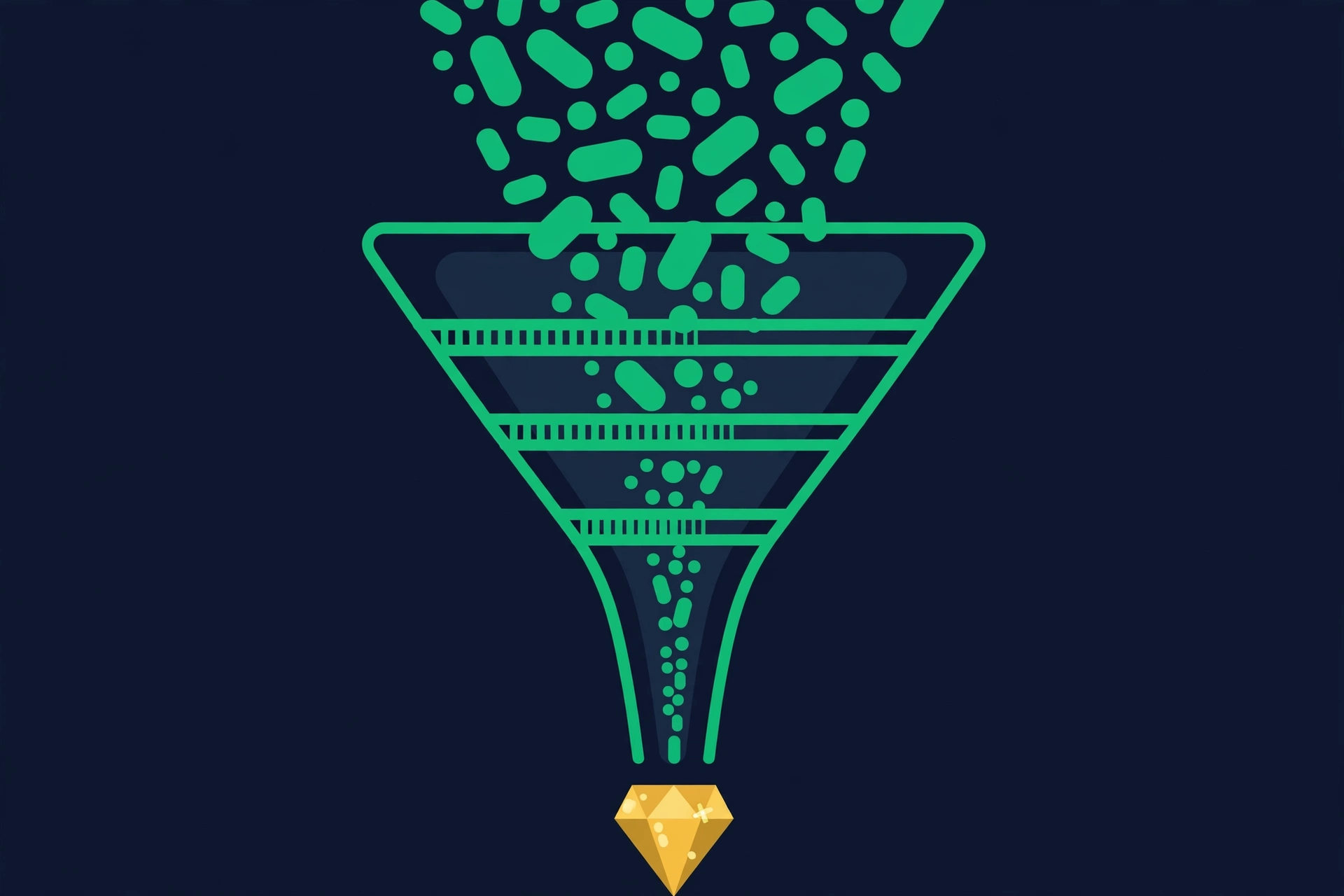 Funnel filtering candidate keywords down through difficulty, volume, and intent stages