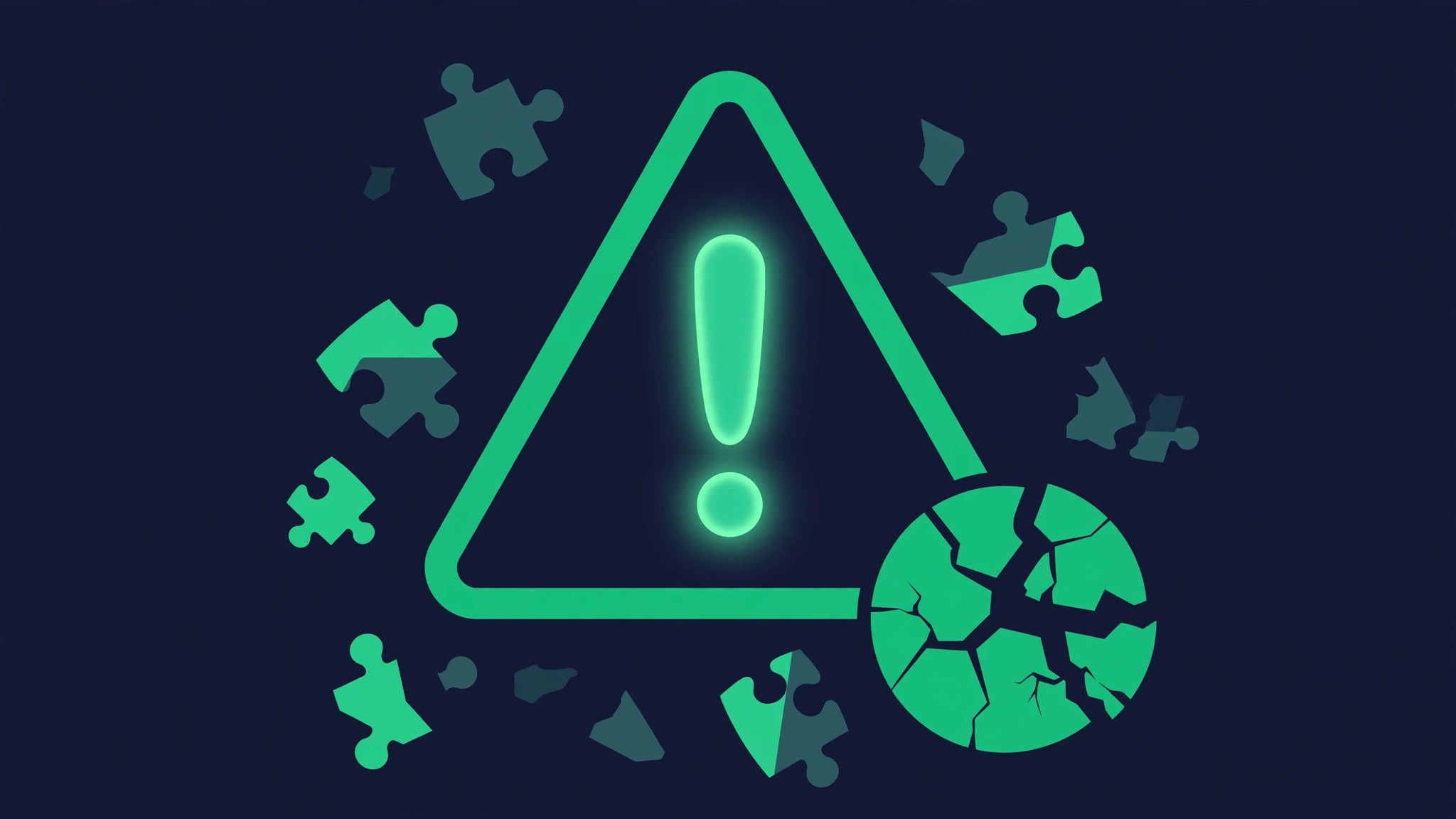 Warning symbol with broken pieces representing common keyword gap mistakes