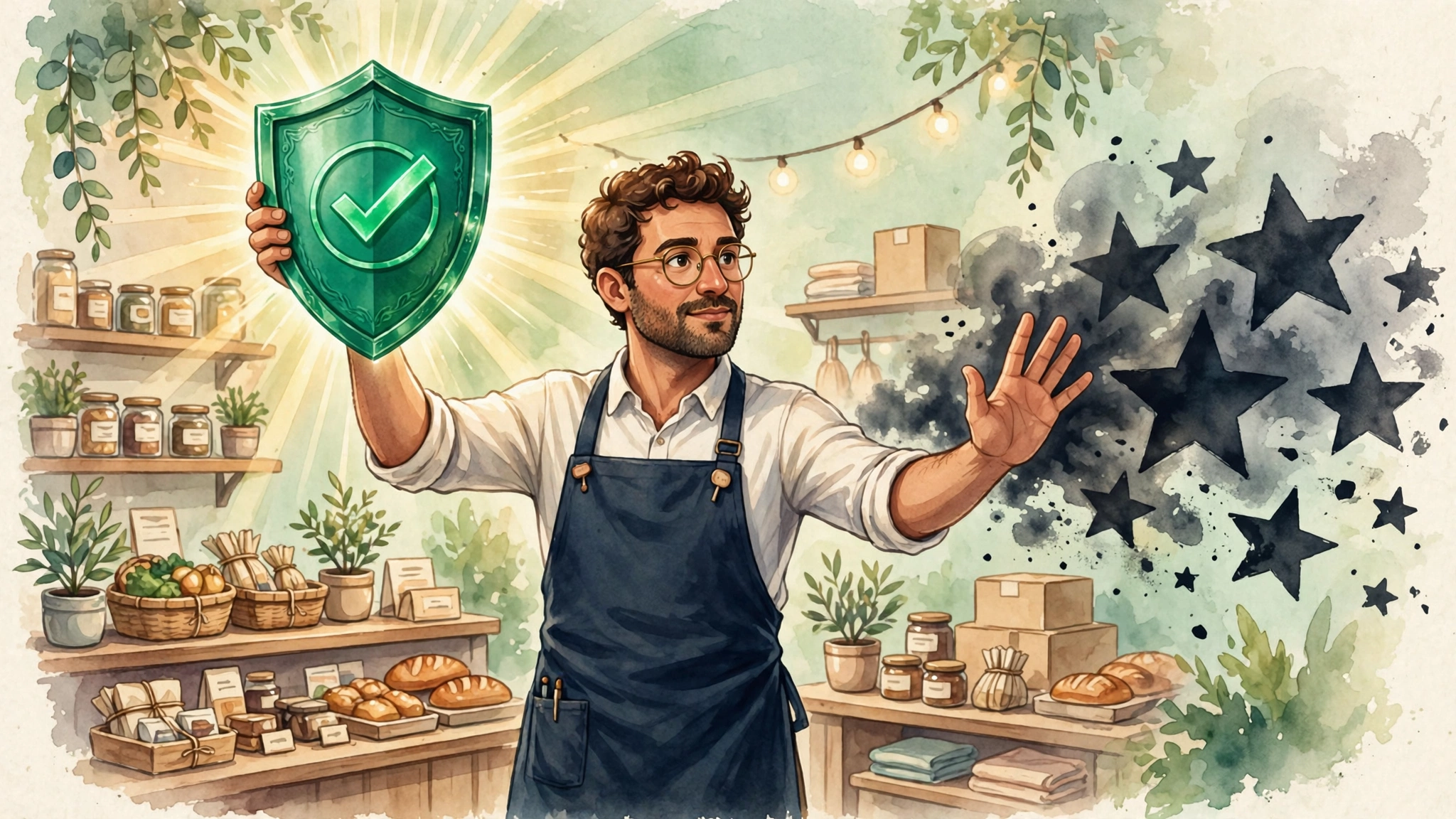 Shield with a checkmark symbolizing honest review practices, with fake review tactics crossed out