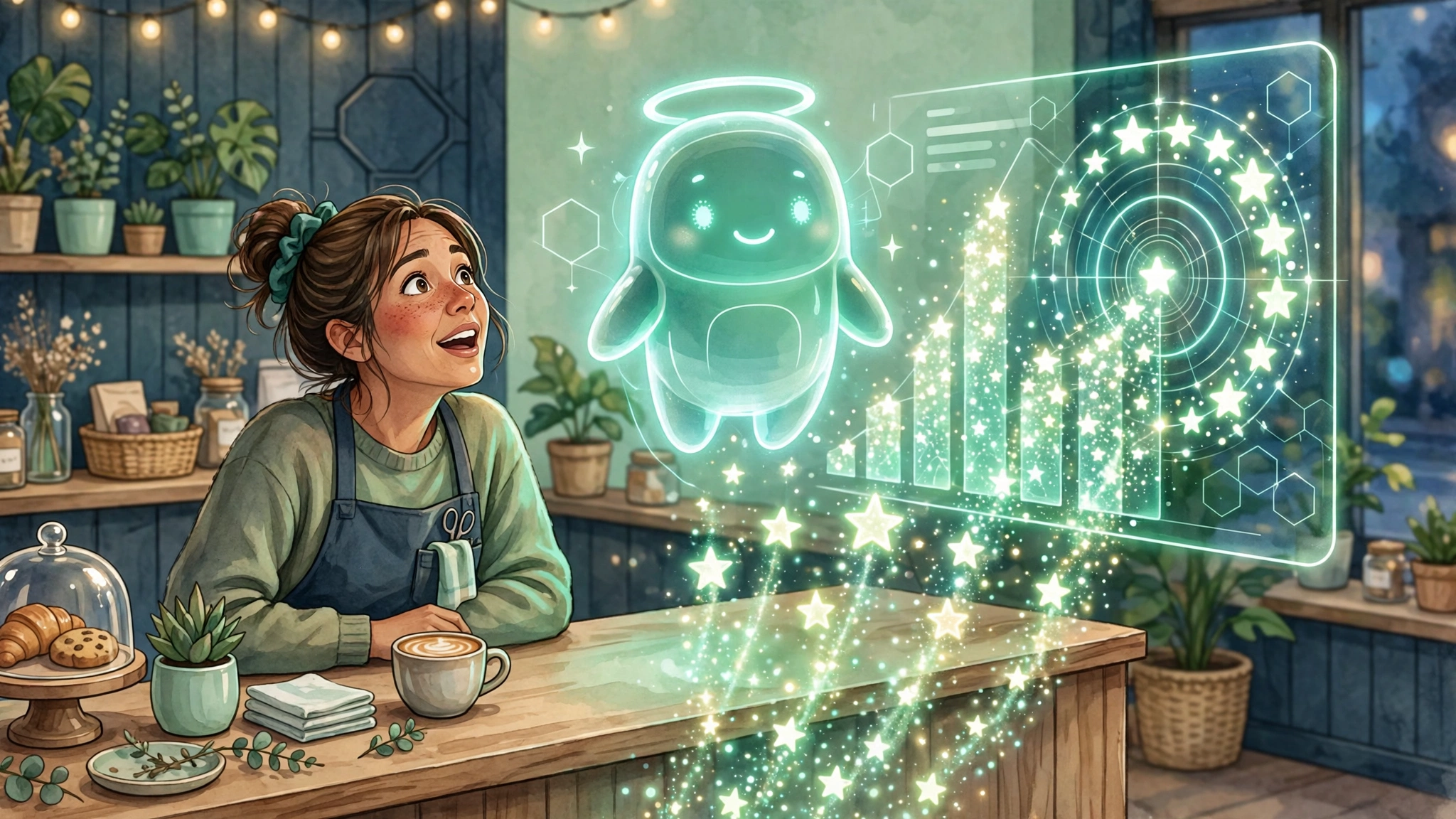 Futuristic illustration of AI summarizing customer reviews into a single helpful overview