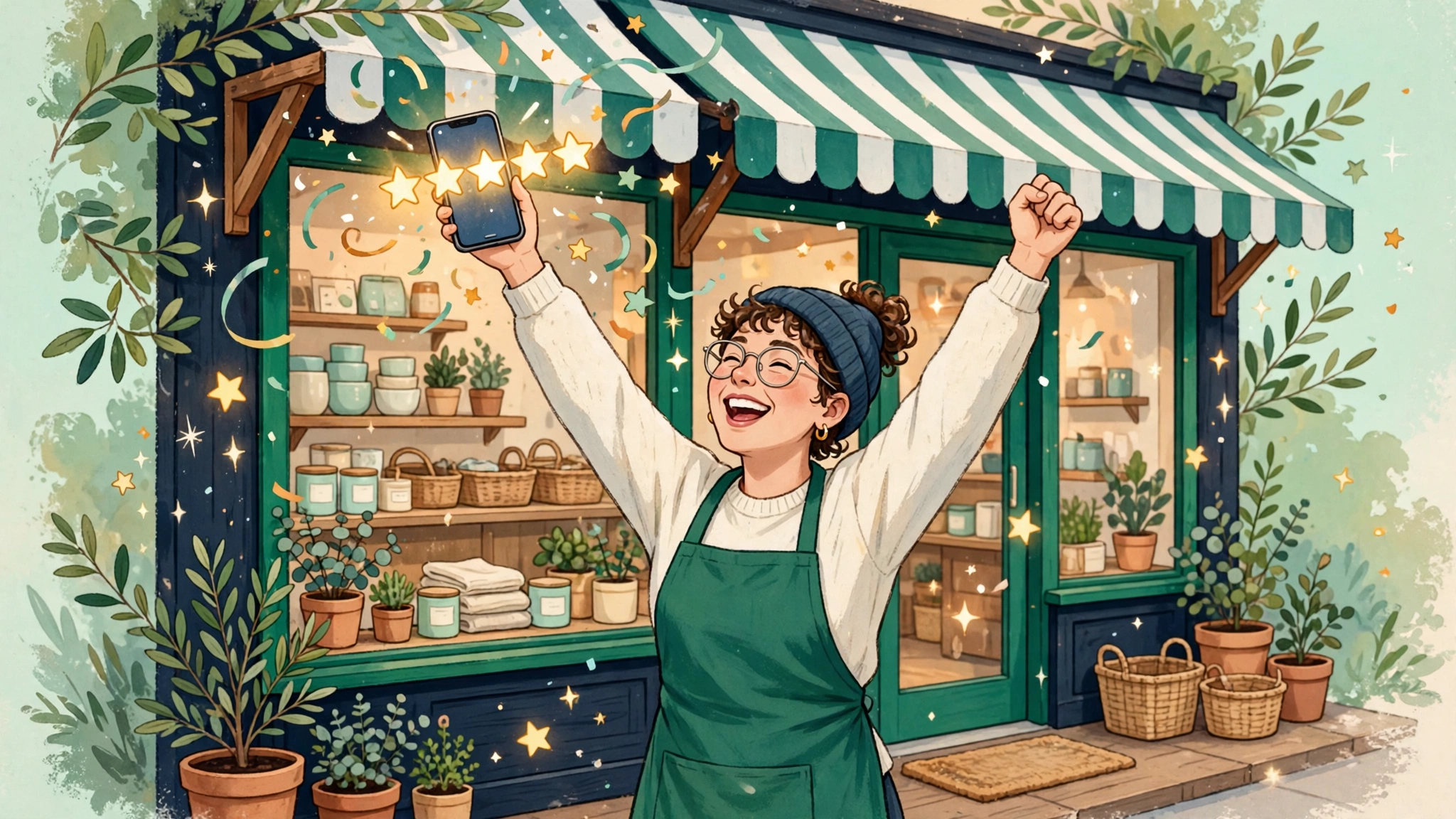 Illustration of a small business storefront with floating five-star Google review cards and customers tapping phones