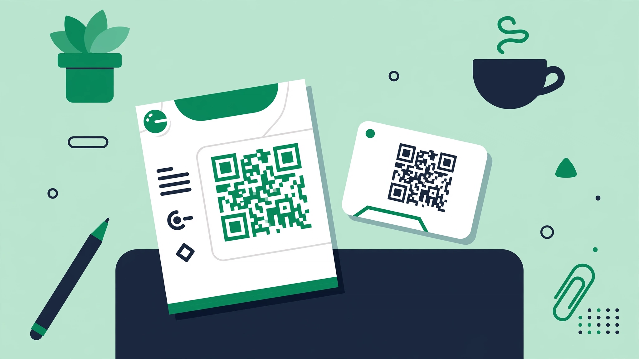 A flyer and business card featuring a review QR code, plus a table tent on a restaurant table