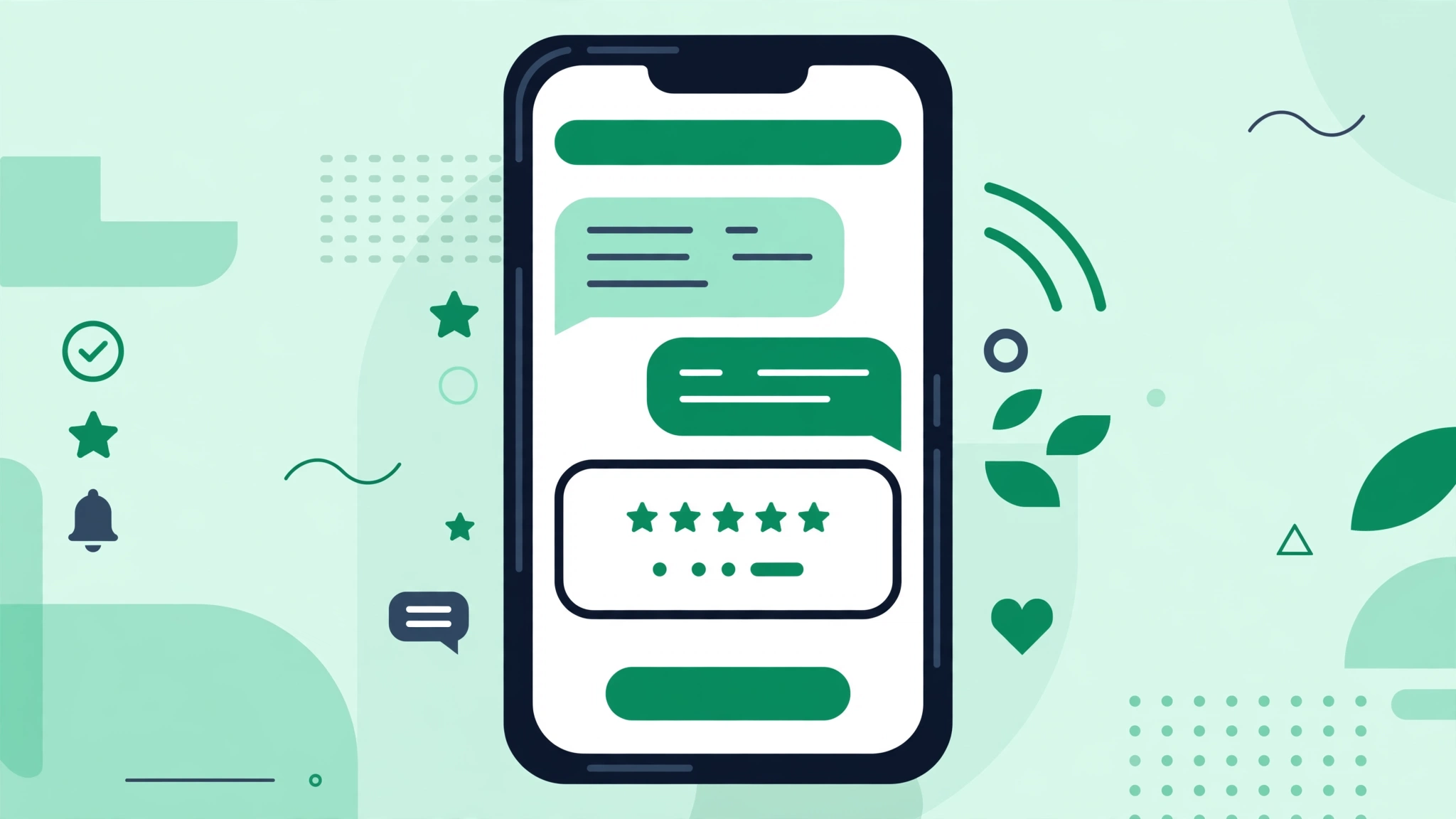 Phone showing a polite SMS template asking a customer to leave a Google review with a short link