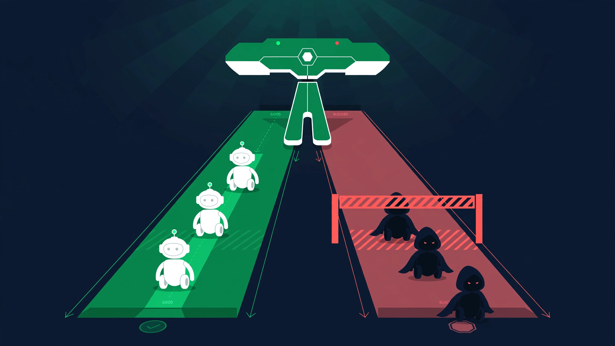 Illustration of robot crawlers at a gate with some allowed through and one turned away