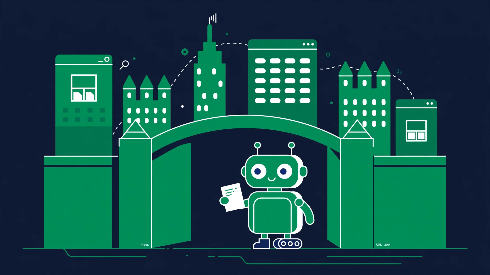 Hero illustration of a robots.txt file directing search engine crawler bots with allow and disallow signs