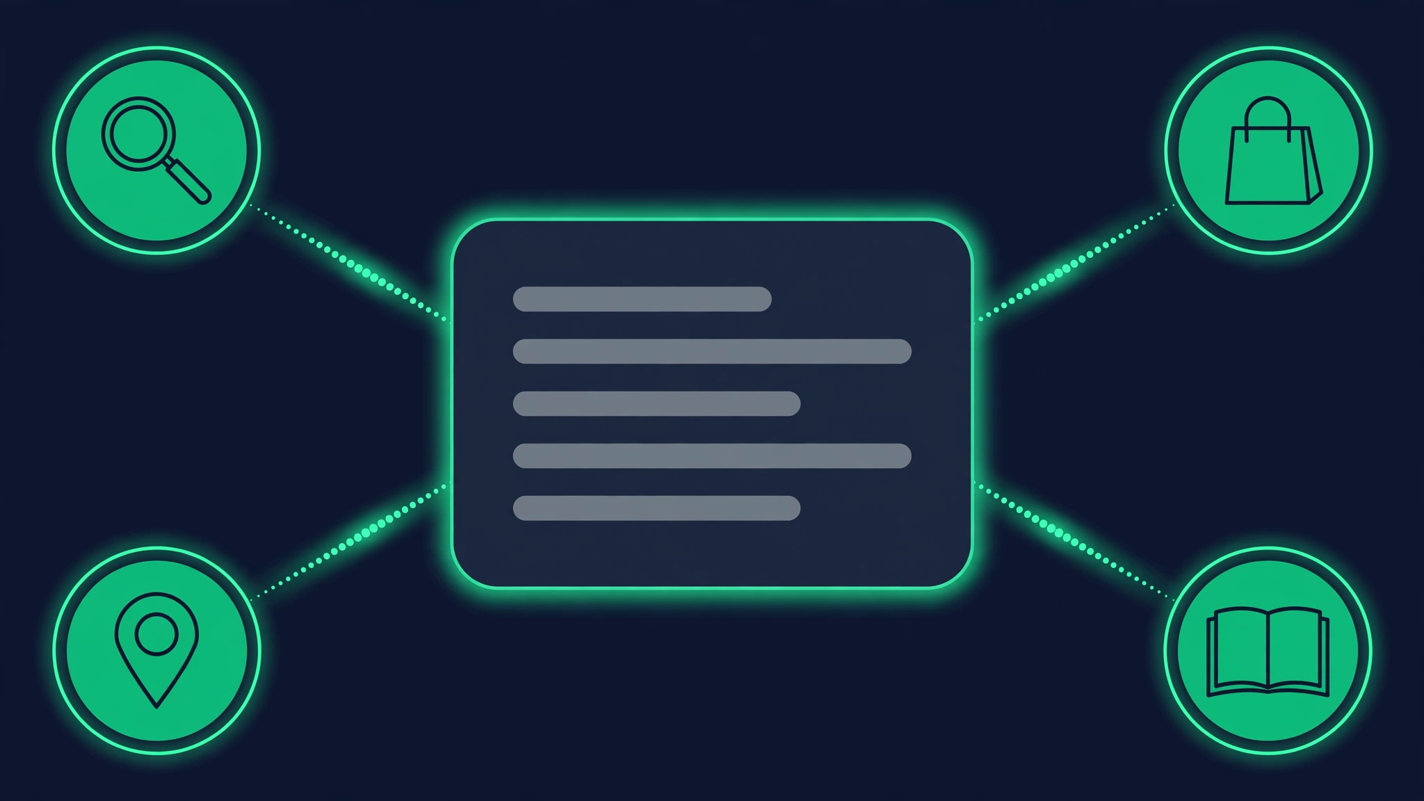 Four search intent icons for learning, buying, locating, and researching connected to a central search results page