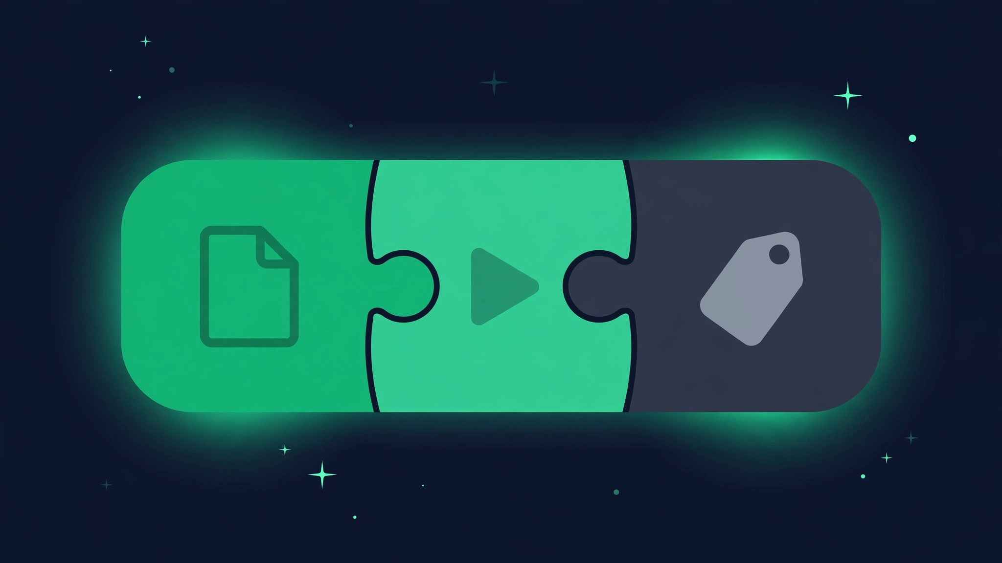Puzzle pieces shaped like a guide, a video, and a product page slotting into a search results layout