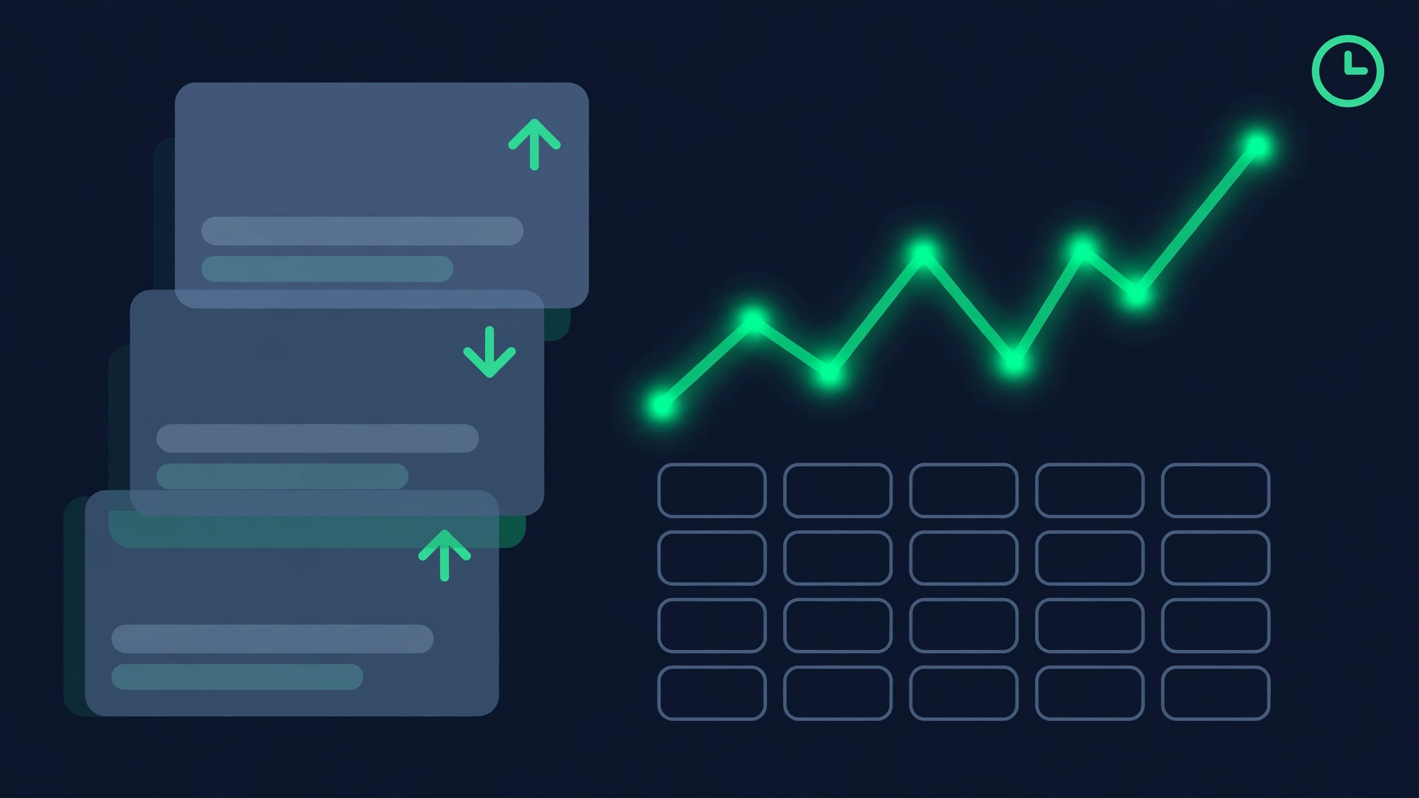An upward trend line chart with a calendar and shifting search result cards showing SERP changes over time