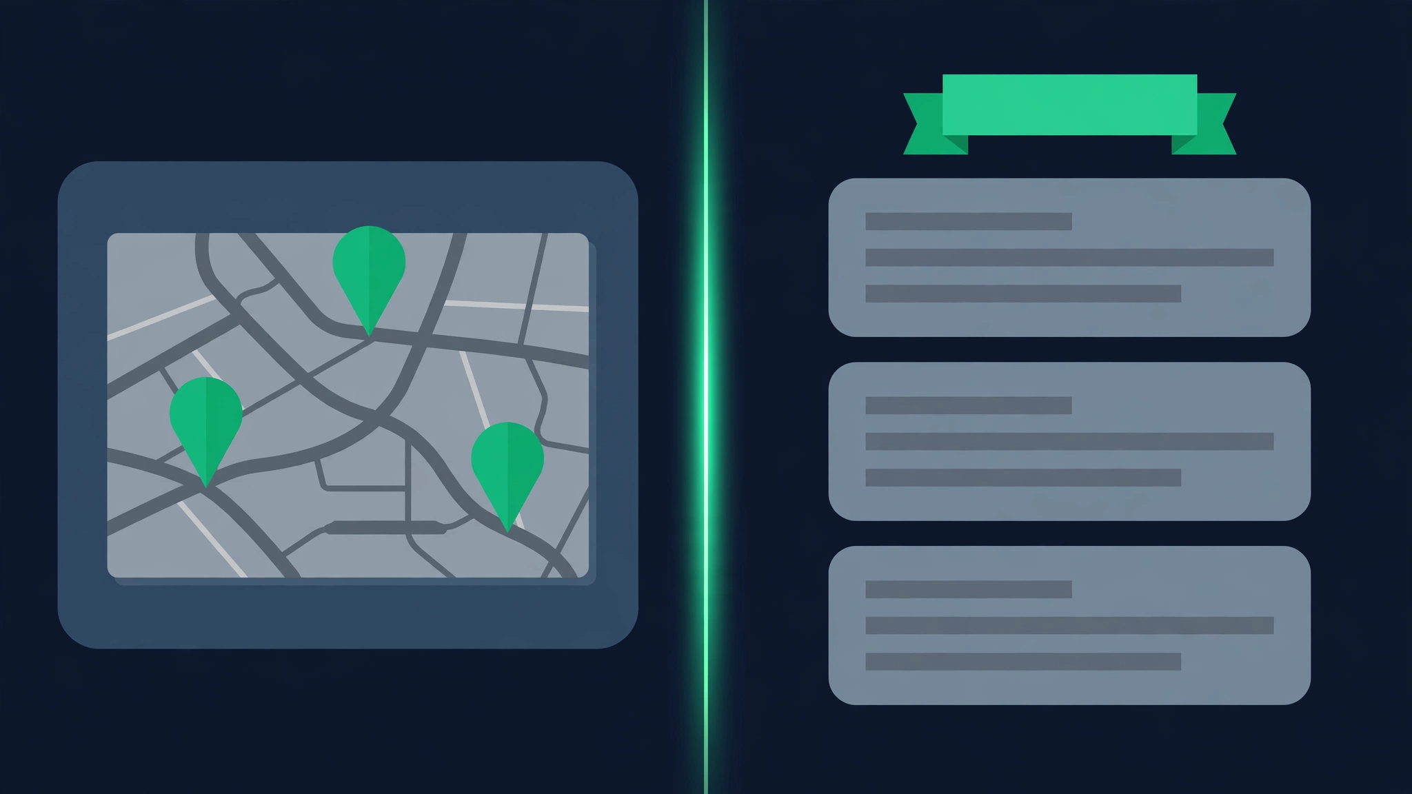 Split illustration comparing a local map pack SERP with location pins against a national results page