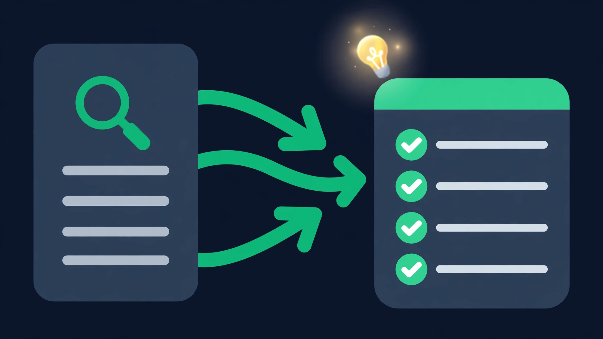 A search results page flowing through arrows into a content brief document with a checklist and lightbulb