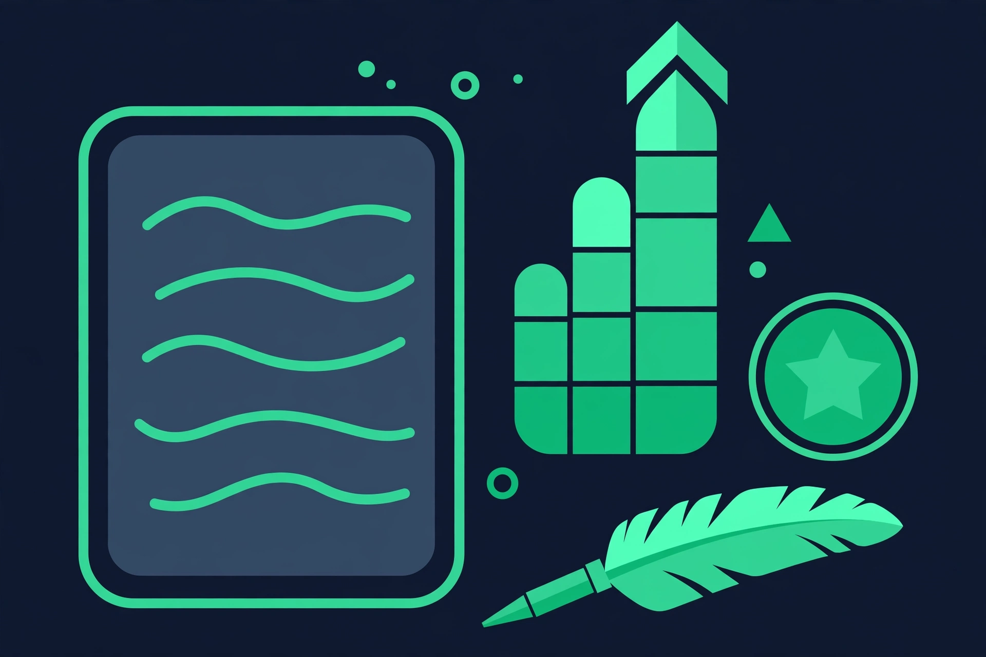 Illustration of a quality document with a rising quality meter, star badge, and pen