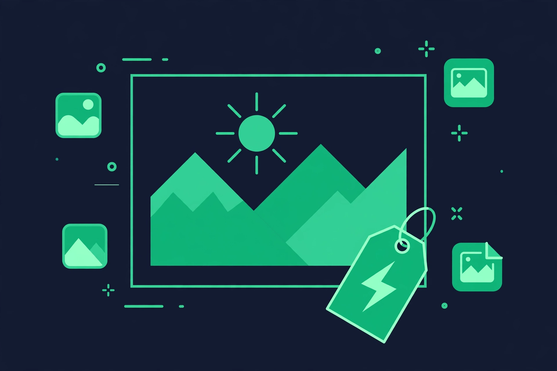 Illustration of a photo frame with a label tag and lightning bolt symbolizing image optimization