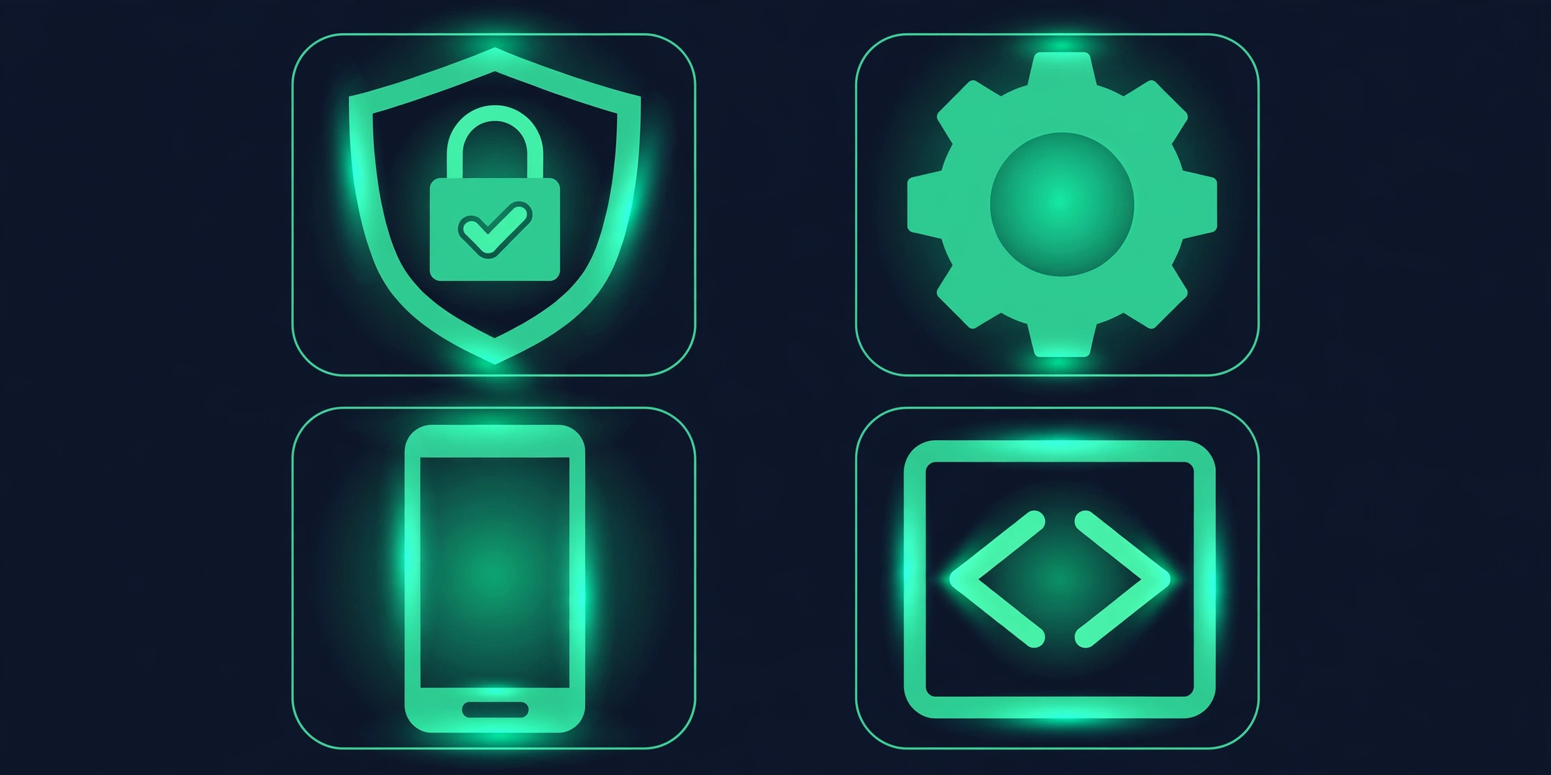 Illustration of a shield with padlock, gear, smartphone, and code symbols for technical SEO