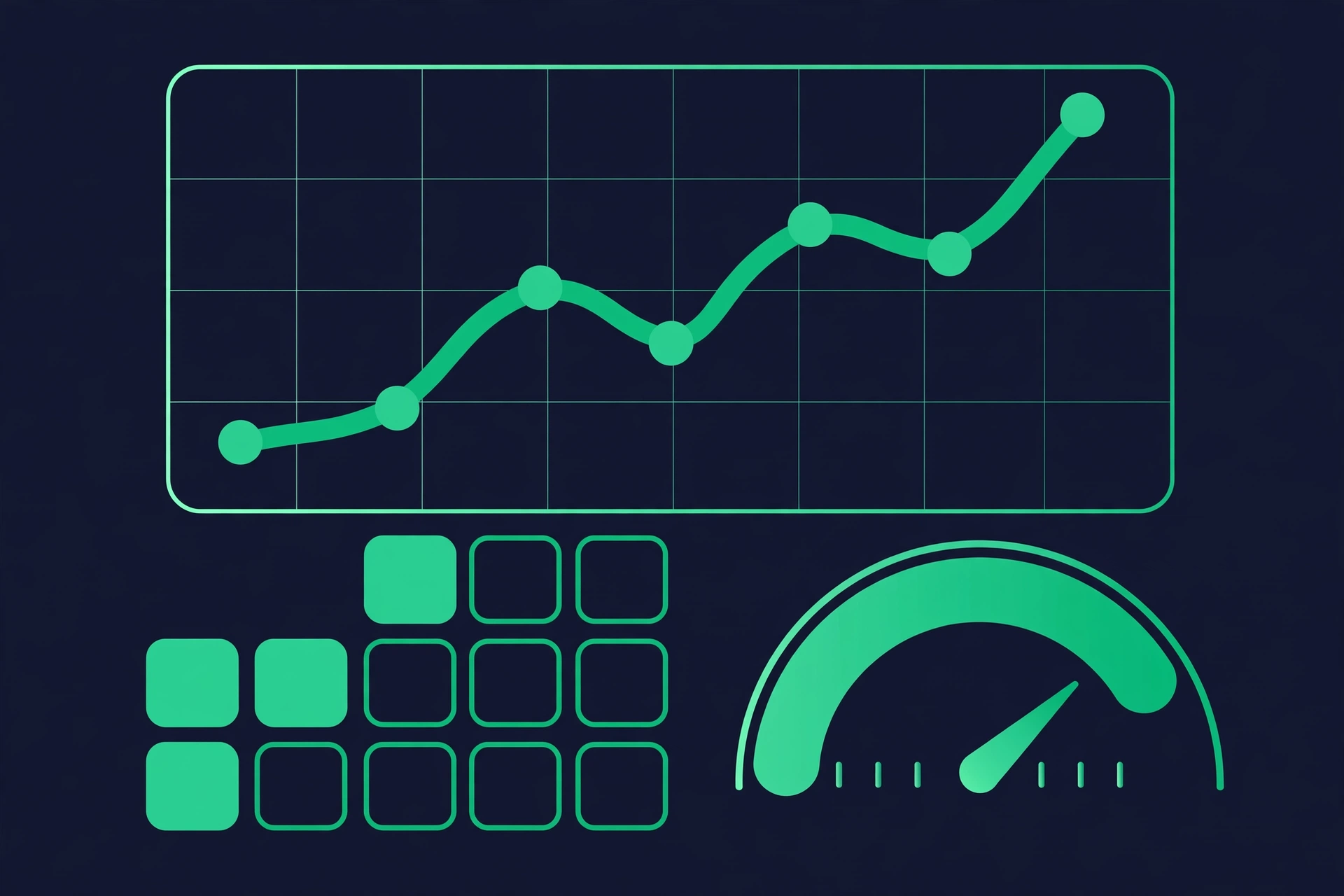 Illustration of an upward trending line chart with a rising gauge for tracking progress over time