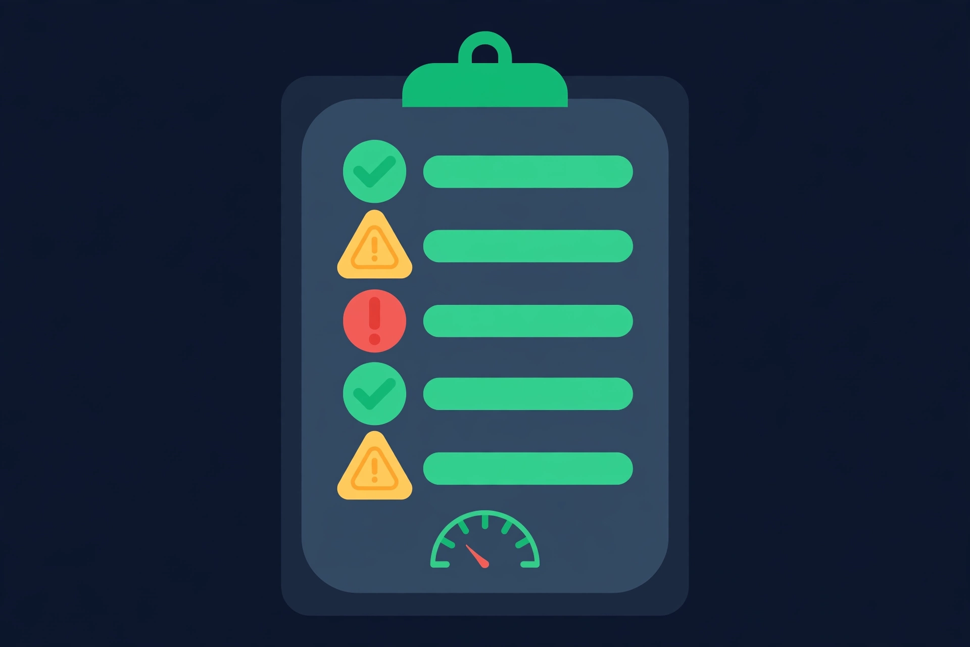 Illustration of a checklist with warning badges and a low gauge for common SEO mistakes